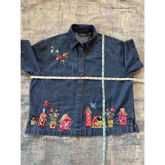 New Direction Floral Bird Birdhouse Button Front Denim Short Sleeve Tee Large - Picture 7 of 7